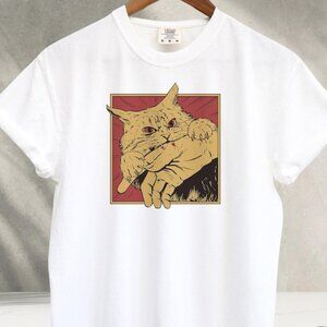 Funny Cat Graphic T-Shirt | Vintage Cat Bite Art Tee | Unisex Size S